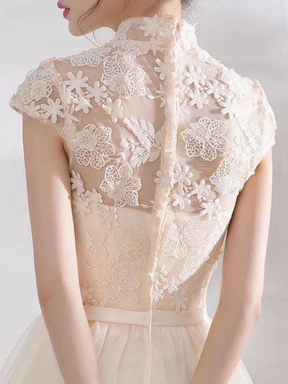 Ivory Cocktail Dress Collar Lace Applique Cap Sleeve Bow Sash Illusion Organza Homecoming Dress