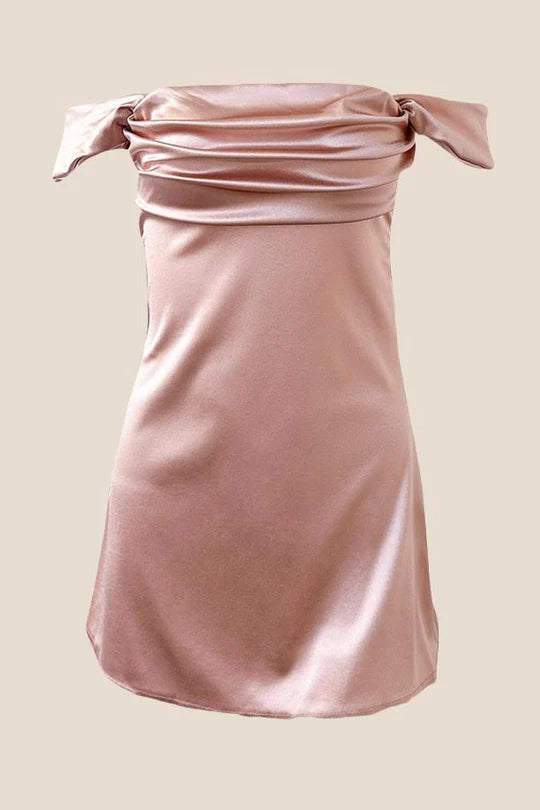 Off the Shoulder Blush Pink Ruched Satin Party Dress Homecoming Dress