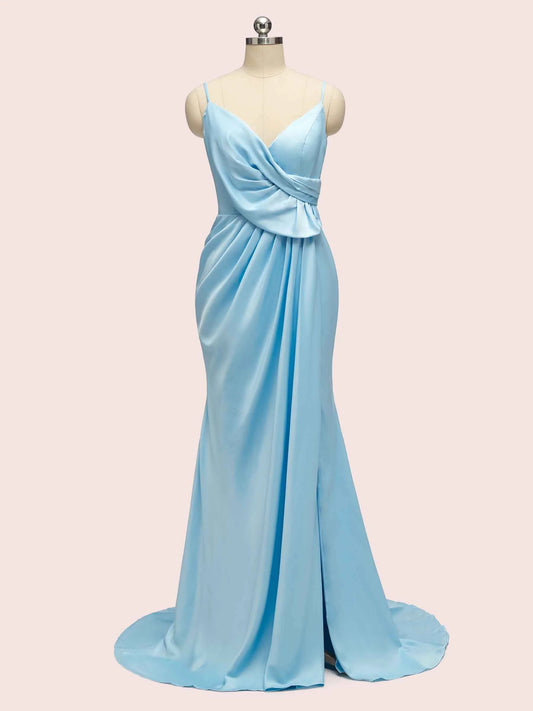 Sexy Spaghetti Straps V-Neck Side Slit Long Satin Mermaid Bridesmaid Dresses Online