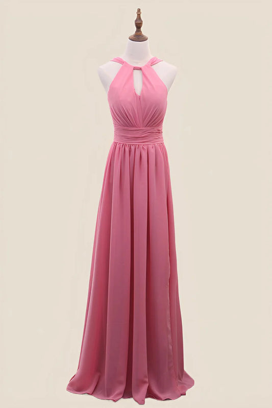 Halter Blush Pink Chiffon A-line Long Bridesmaid Dress Floor-length Prom Dresses