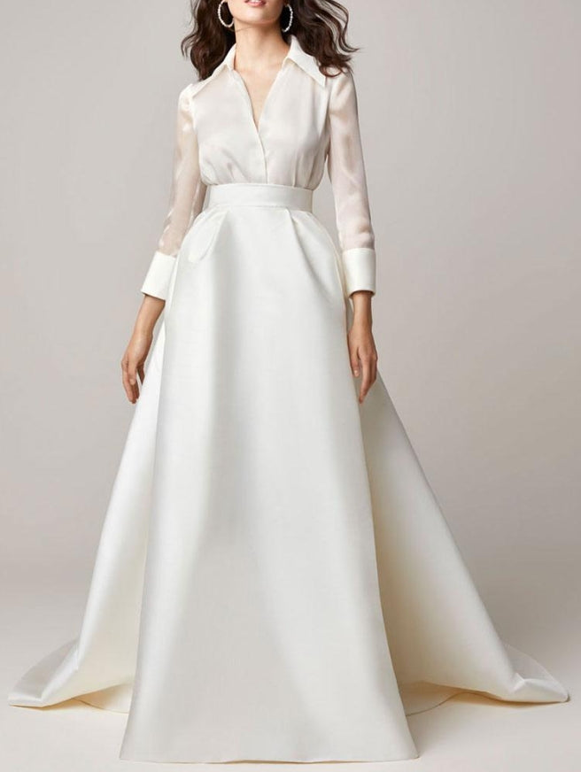 Ivory Two-piece Wedding Dress Satin V-Neck A-Line With Train Long Sleeves Bride Gown