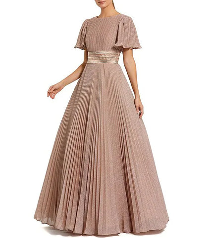 A-Line Pleated Round Neck Short Flutter Sleeve Gown Wedding Guest Party Dresses