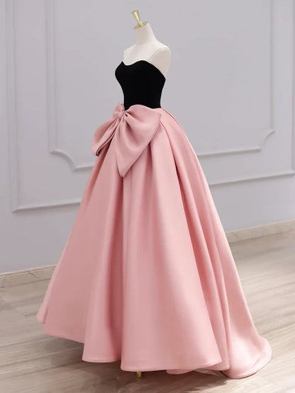 A-Line Sweetheart Neck Satin Velvet Quinceanera Dress Pink Long Prom Dress