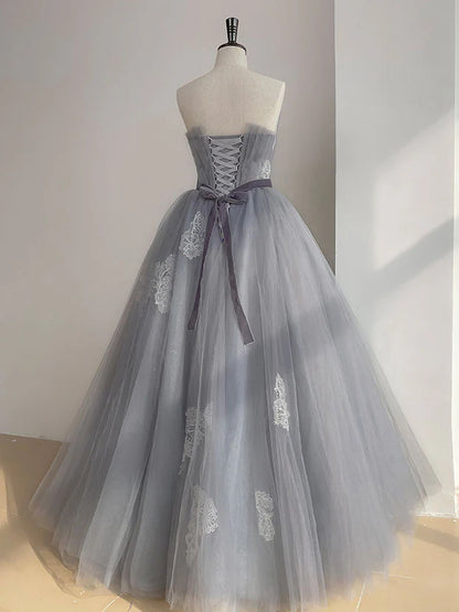 Gray Tulle Lace Sweet 16 Dress Long Prom Dress Ballgown