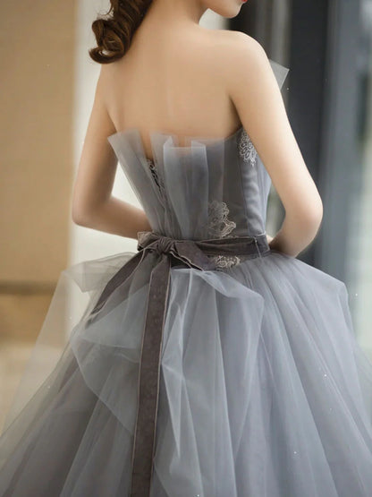 Gray Tulle Lace Sweet 16 Dress Long Prom Dress Ballgown