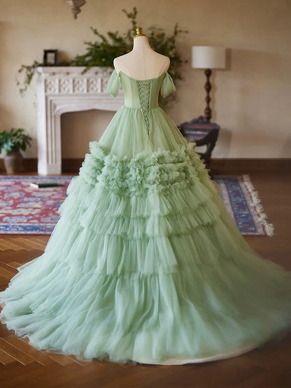 A-Line Off Shoulder Sweet 16 Dress Tulle Green Quinceanera Dress Long Prom Dress