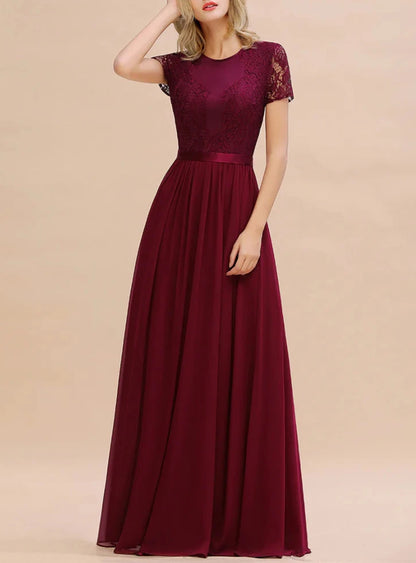 A-line Short Sleeves Jewel Chiffon Floor-Length Dress Bridesmaid Dresses