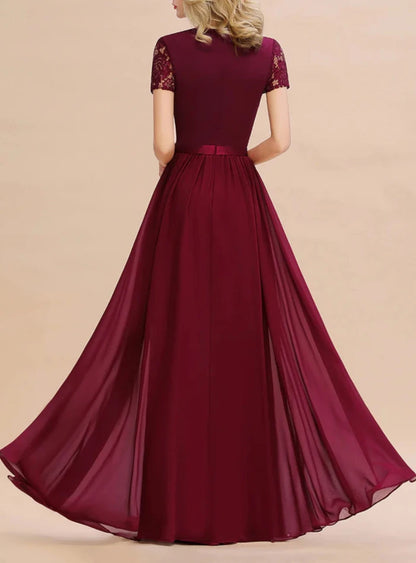 A-line Short Sleeves Jewel Chiffon Floor-Length Dress Bridesmaid Dresses