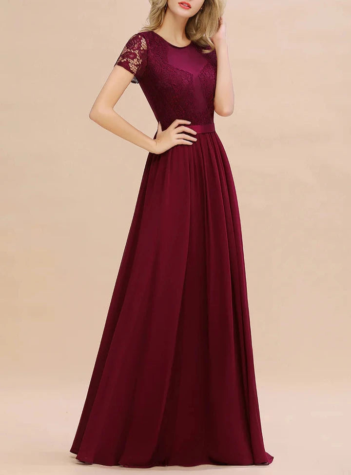 A-line Short Sleeves Jewel Chiffon Floor-Length Dress Bridesmaid Dresses