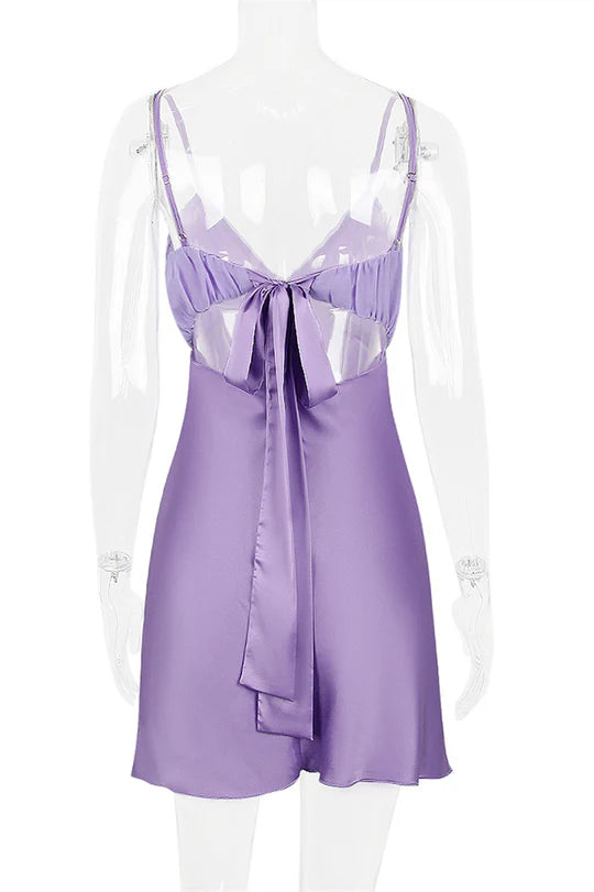 Simple Formal Satin V-neck Lavender Back Tie Short Party Dress