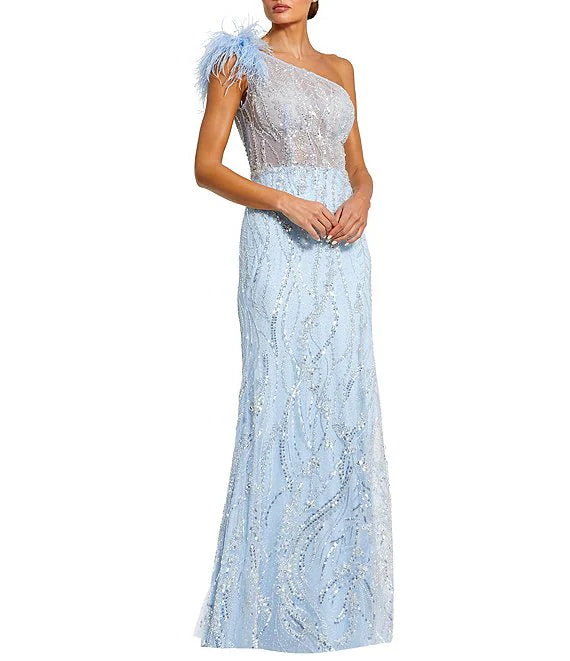 Feathered One Shoulder Embroidered Applique Gown Wedding Guest Party Dresses