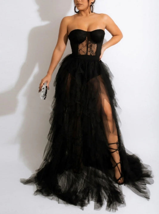 Tulle Sweetheart Black Prom Dress Party Dress with Slit