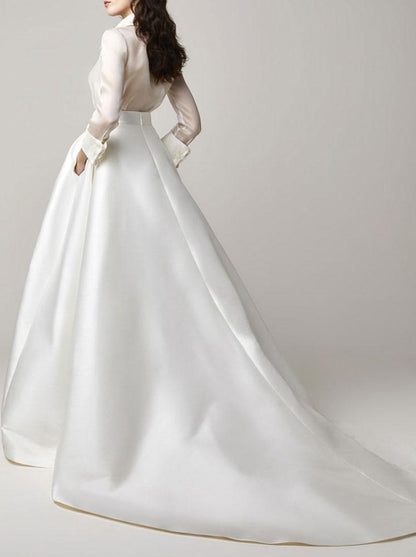 Ivory Two-piece Wedding Dress Satin V-Neck A-Line With Train Long Sleeves Bride Gown