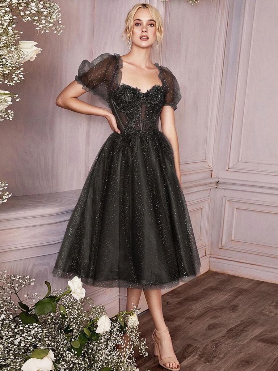 Glitter A-Line Cocktail Dress Beautiful Tea-Length Sweetheart Neck Lace Party Dresses