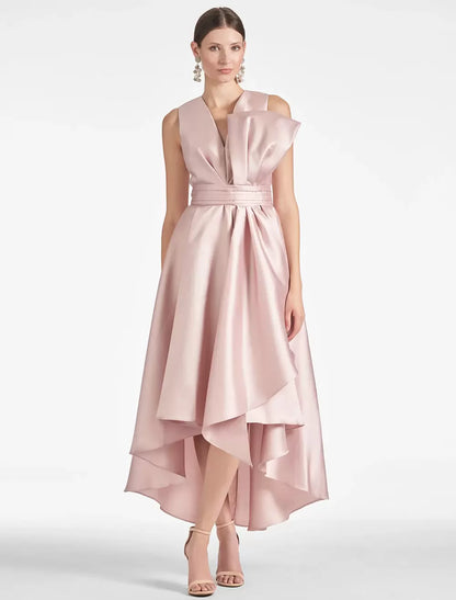 Cocktail Dress A-Line Sleeveless Tea-Length V-Neck Bows Satin Fabric Party Dresses