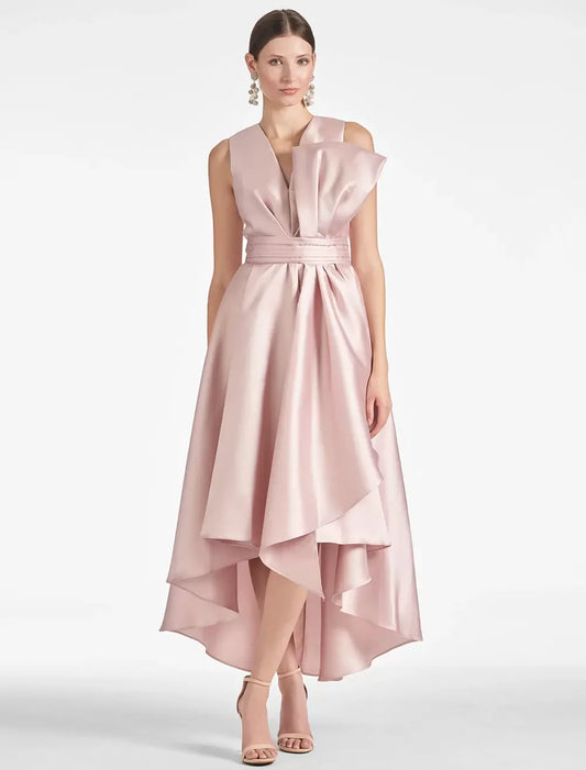 Cocktail Dress A-Line Sleeveless Tea-Length V-Neck Bows Satin Fabric Party Dresses