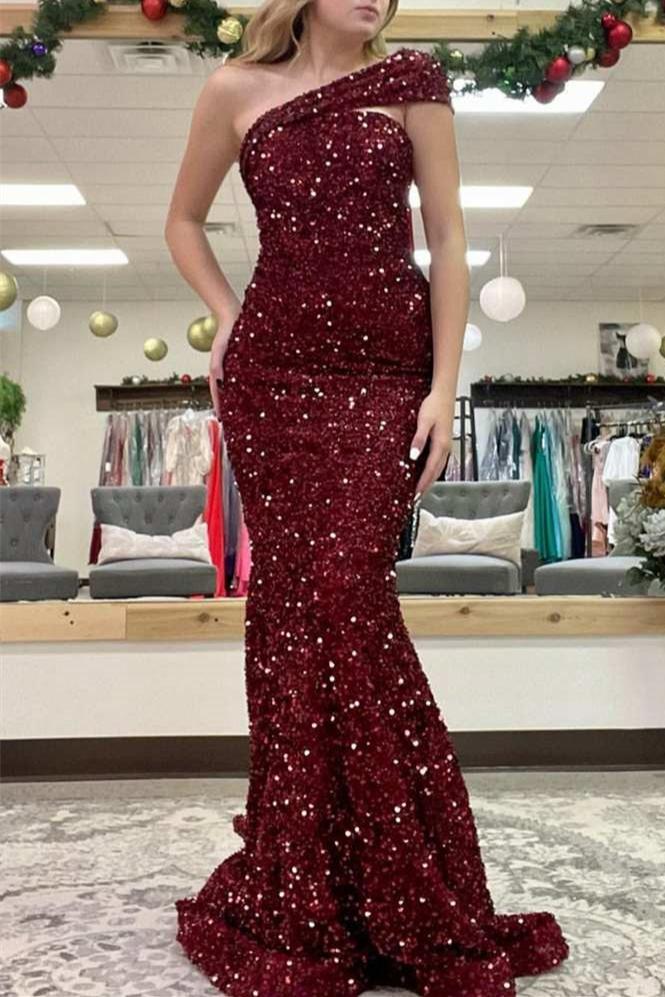 Burgundy One Shoulder Sleeveless Mermaid Evening Gown With Sequins Sweep/Brush Train Dresses