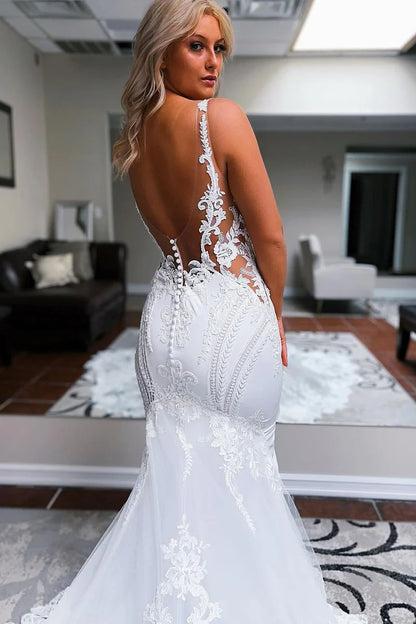 Mermaid V Neck Satin Lace Wedding Dresses