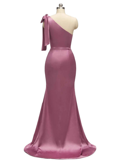 Sexy Mermaid One Shoulder Long Stretch Satin Bridesmaid Dresses With Slit