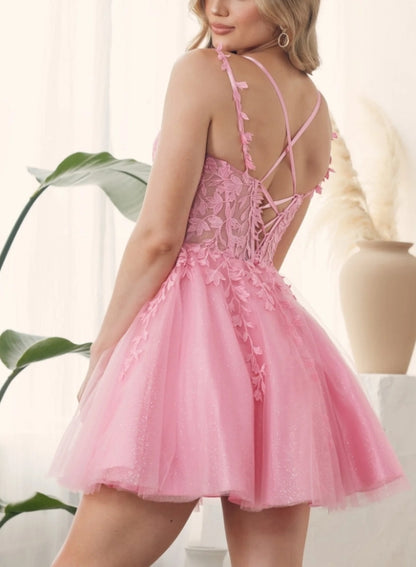 Sheer-Waist Short Babydoll Homecoming Dress