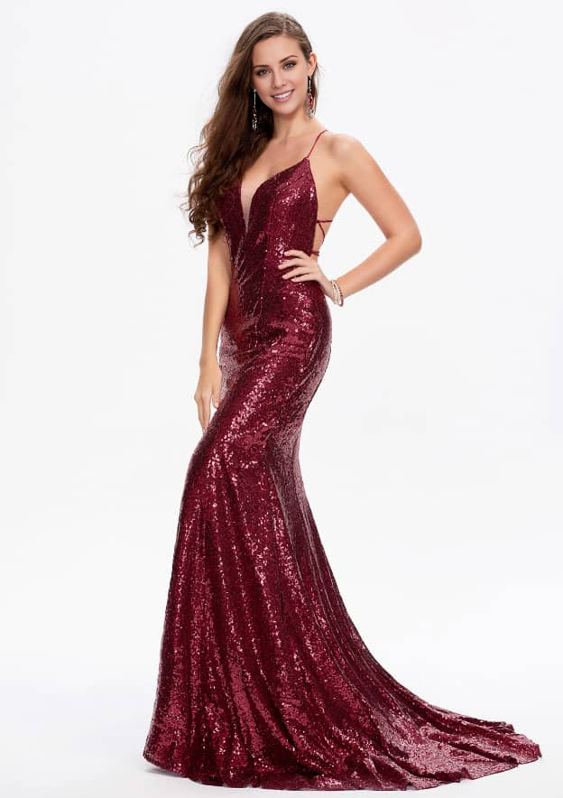 Mermaid V Neck Sleeveless Sequined Evening Dress Sweep Train Prom Dress