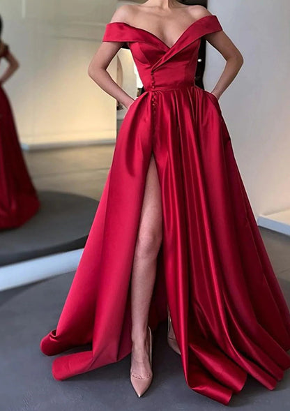 A-line Off-the-Shoulder Sweep Train Satin Evening Dress Prom Dress With Pleated Pockets Split