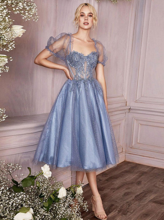 Glitter A-Line Cocktail Dress Beautiful Tea-Length Sweetheart Neck Lace Party Dresses