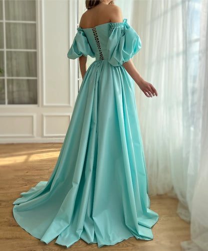 Charming Aquamarine Gown Off Shoulder A-Line Floor-length Prom Dress