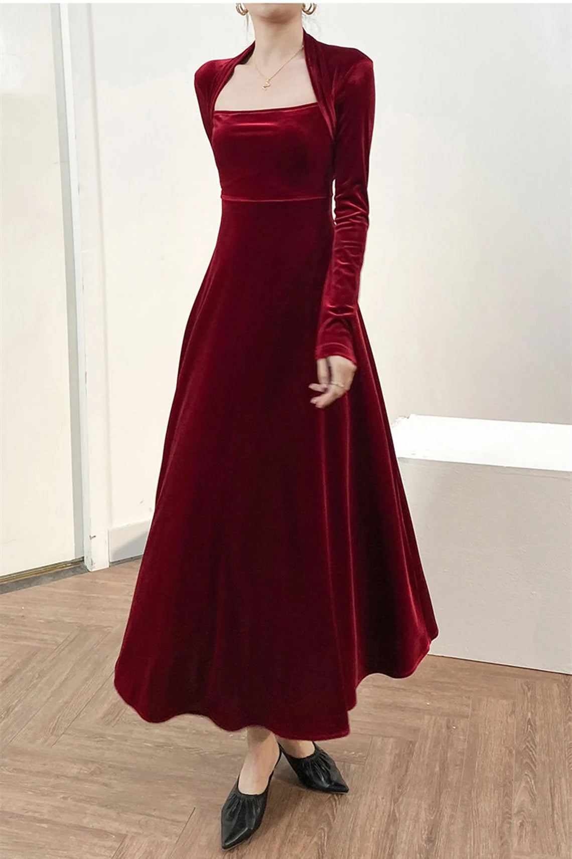 A-Line Velvet Bridesmaid Dress Long Sleeve Maxi Dress Plus Size Party Dress Formal Evening Dresses