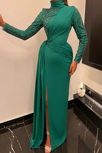 Stunning Emerald Green High Neck Evening Gown Mermaid Split With Sequins Beads Long Sleeves