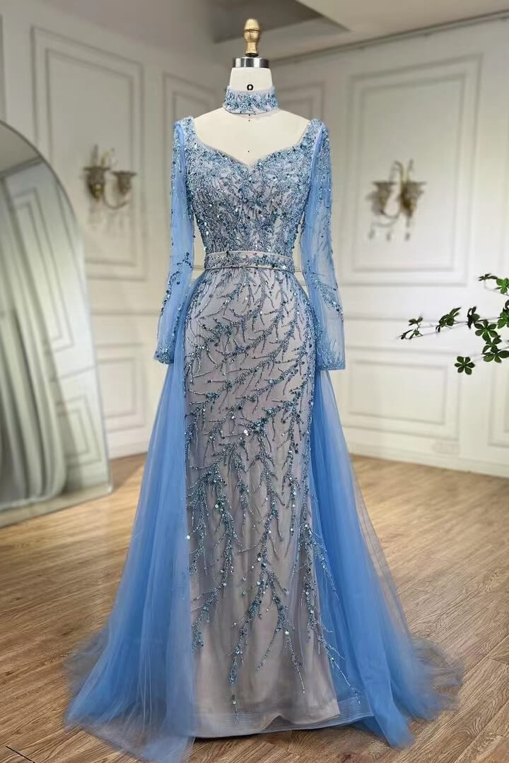 Blue High Neck Sweetheart Mermaid Evening Gown With Beadings Detachable Skirt Long Sleeves