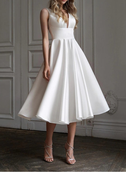 A-Line Little White Dress Cocktail Dresses Wedding Guest Dress Tea Length Sleeveless V Neck Satin V Back