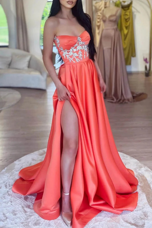 Orange Sweetheart Long Evening Dressess A-Line Split With Beads Prom Dresses