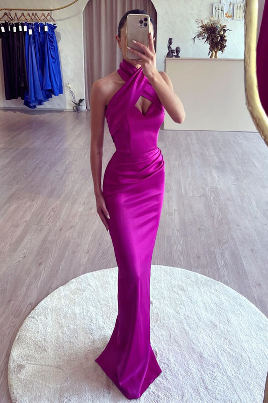 Purple Halter Sleeveless Mermaid Evening Gown Keyhole Floor-length Party Dresses