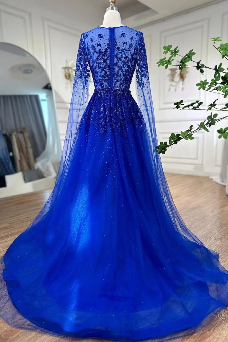 Royal Blue Scoop A-Line Evening Gown Prom Dresses With Beadings Online Ruffle Sleeves