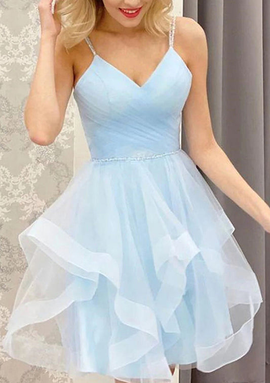 A-line V Neck Sleeveless Tulle Homecoming Dress With Beading Pleated