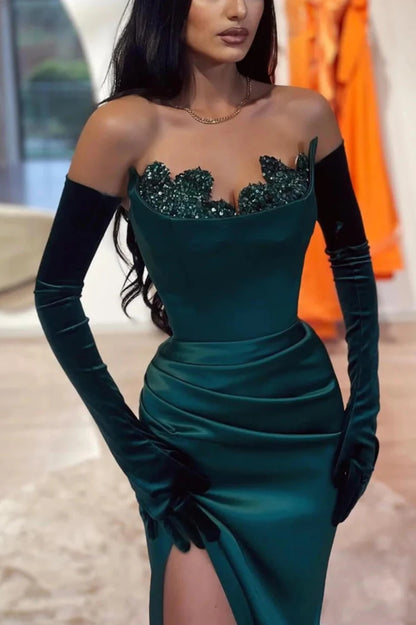 Elegant Dark Green Sweetheart Evening Dresses Mermaid High Split With Sequins Beads Party Dresses