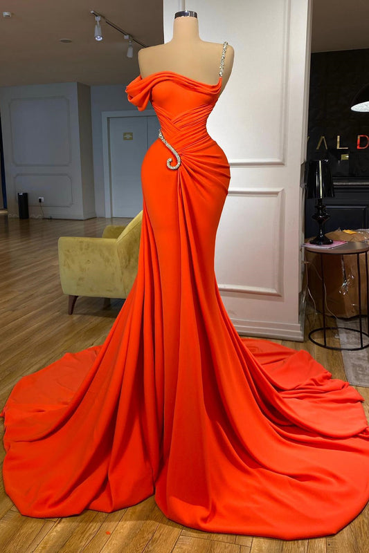 Orange One Shoulder Mermaid Evening Gown With Beadings Sweep/Brush Train Dresses