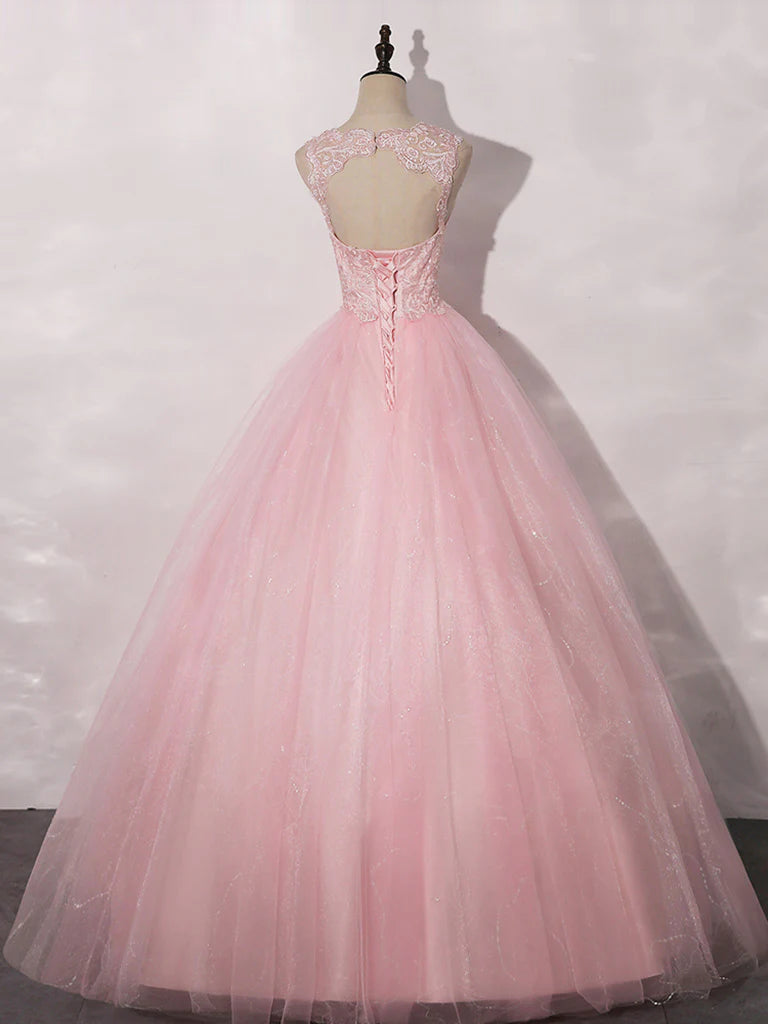 A-Line Round Neck Tulle Lace Pink Long Prom Dress Ball Gown Quinceanera Dresses