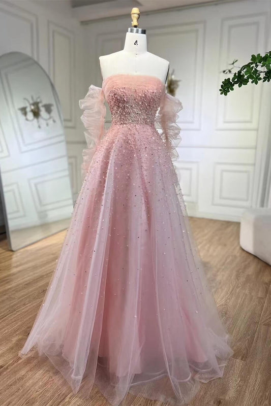 Pink A-Line Evening Gown Prom Dresses With Sequins Beads Detachable Tulle Sleeves Strapless