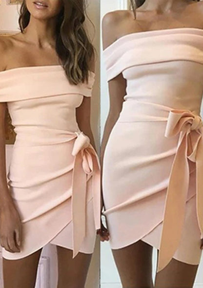 Sheath/Column Off-the-Shoulder  Satin Homecoming Dress with Bandage Split