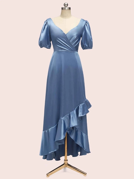 Beautiful Short Sleeves V-Neck Soft Satin Cheap Short Bridesmaid Dresses