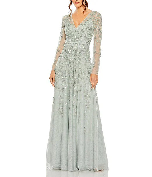 Beaded Embellished Surplice V-Neck Illusion Long Sleeve A-Line Gown Wedding Guest Party Dresses