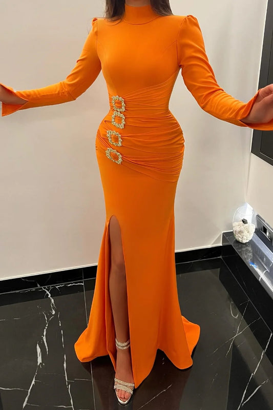 Stunning High Neck Orange Evening Gown Mermaid Long Sleeves Party Dresses With Slit