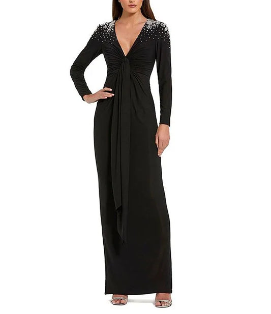 V-Neck Twist Front Beaded Shoulder Jersey Gown Wedding Guest Party Dresses