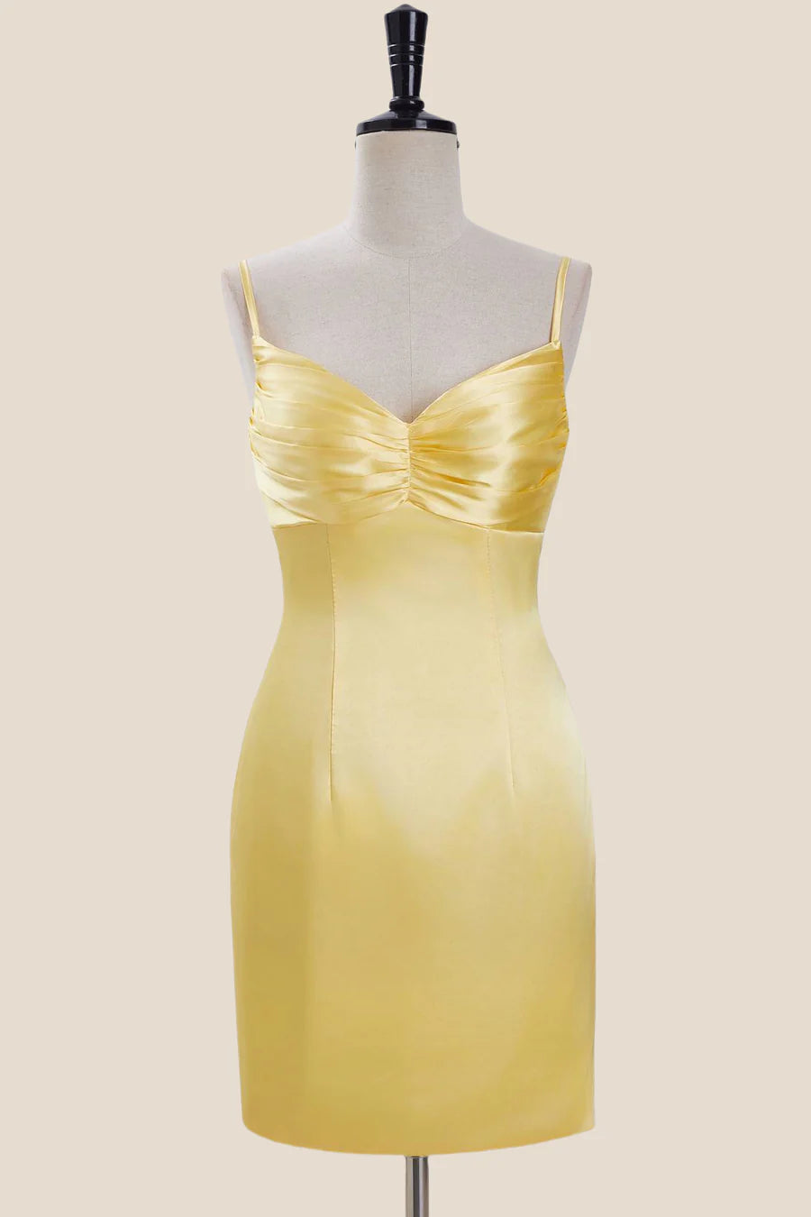 Straps Yellow Ruched Satin Bodycon Short Dress Homecoming Dress Party Dresses