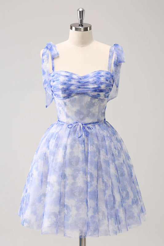 A-Line Princess Tulle Blue Corset Short Floral Homecoming Dress