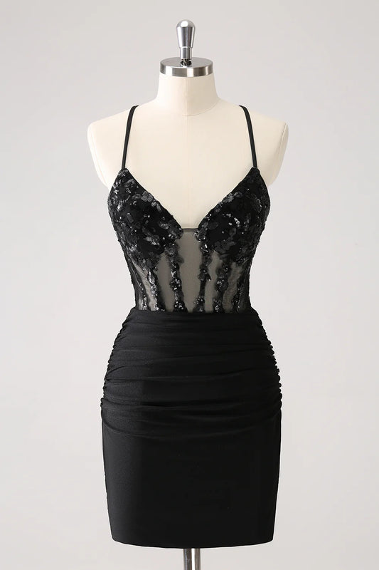 Sparkly Sequins Black Bodycon Spaghetti Corset Homecoming Dress with Lace Up Back