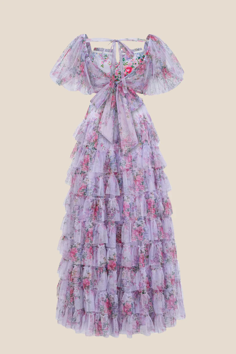 Two Pieces Lavender Floral Print Tiered Long Dress A-Line Princess Prom Dresses