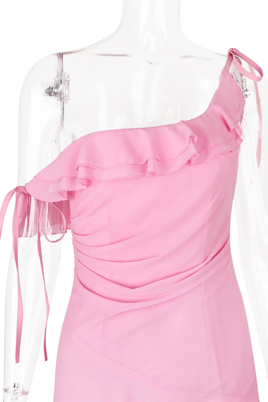 One Shoulder Pink Ruffle Chiffon Party Dress